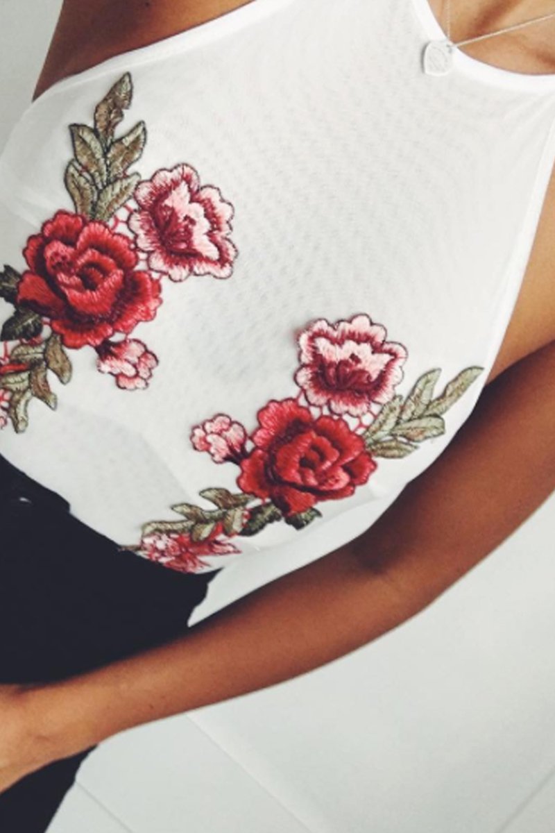White Mesh Floral Embroidered Halterneck Bodysuit - Bebe-Bodysuits