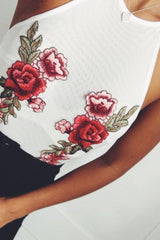 White Mesh Floral Embroidered Halterneck Bodysuit - Bebe-Bodysuits