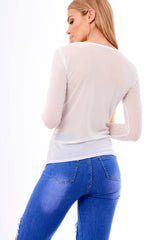 White Mesh Floral Embroidered Long Sleeve Top - Lisha-Tops