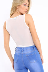 White Mesh Floral Embroidered Plunge Bodysuit - Elenore-Bodysuits