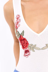 White Mesh Floral Embroidered Plunge Bodysuit - Elenore-Bodysuits