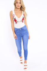 White Mesh Floral Embroidered Plunge Bodysuit - Elenore-Bodysuits