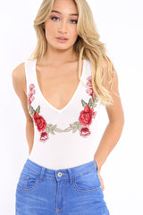 White Mesh Floral Embroidered Plunge Bodysuit - Elenore-Bodysuits