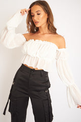 White Mesh Gypsy Style Bardot Crop Top - Ammie-Tops