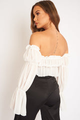White Mesh Gypsy Style Bardot Crop Top - Ammie-Tops