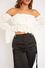 White Mesh Gypsy Style Bardot Crop Top - Ammie-Tops