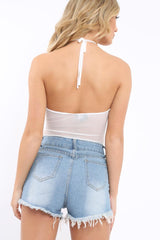 White Mesh Halter Neck Bodysuit - Ariel-Bodysuits