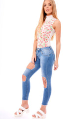 White Mesh High Neck Embroidered Bodysuit - Julietta-Bodysuits