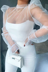 White Mesh High Neck Open Back Blouse - Anthea-Blouse