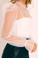 White Mesh High Neck Open Back Blouse - Anthea-Blouse