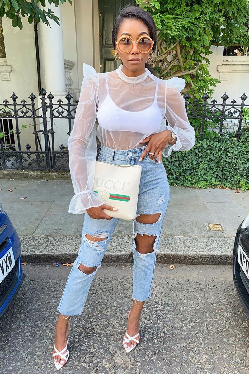 White Mesh High Neck Open Back Blouse - Anthea-Blouse