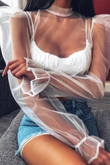 White Mesh High Neck Open Back Blouse - Anthea-Blouse