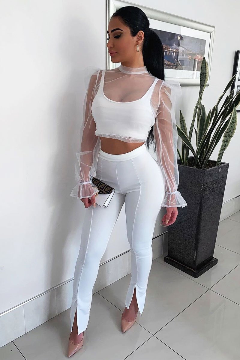 White Mesh High Neck Open Back Blouse - Anthea-Blouse