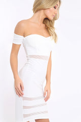 White Mesh Insert Bardot Bodycon Dress - Camila-Dresses