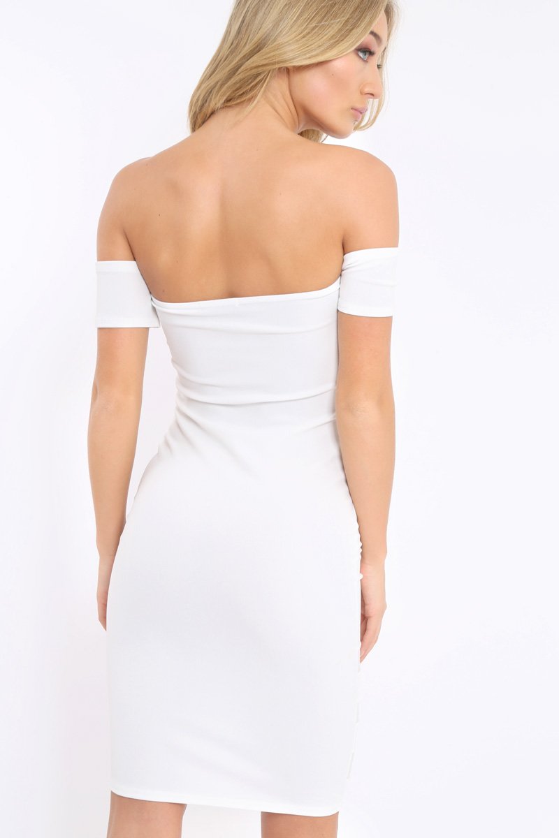 White Mesh Insert Bardot Bodycon Dress - Camila-Dresses