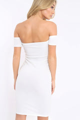 White Mesh Insert Bardot Bodycon Dress - Camila-Dresses