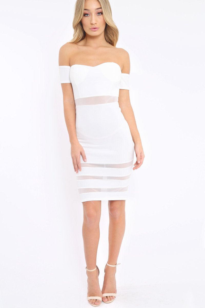 White Mesh Insert Bardot Bodycon Dress - Camila-Dresses