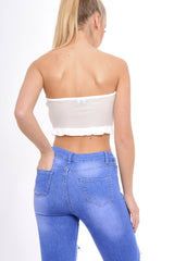 White Mesh Lace Up Frill Bandeau Top - Gisella-Tops