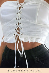 White Mesh Lace Up Frill Bandeau Top - Gisella-Tops