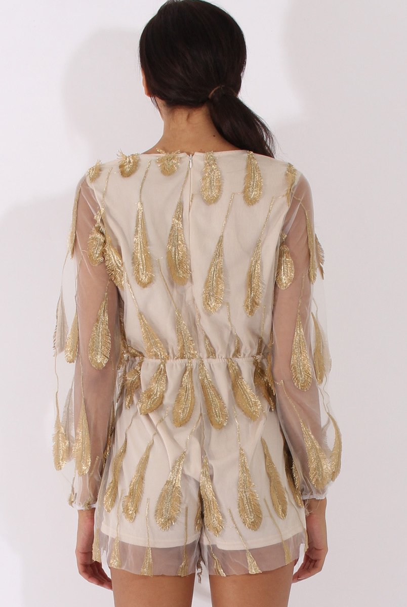 White Mesh Layer Feather Playsuit - Miranda-Playsuits