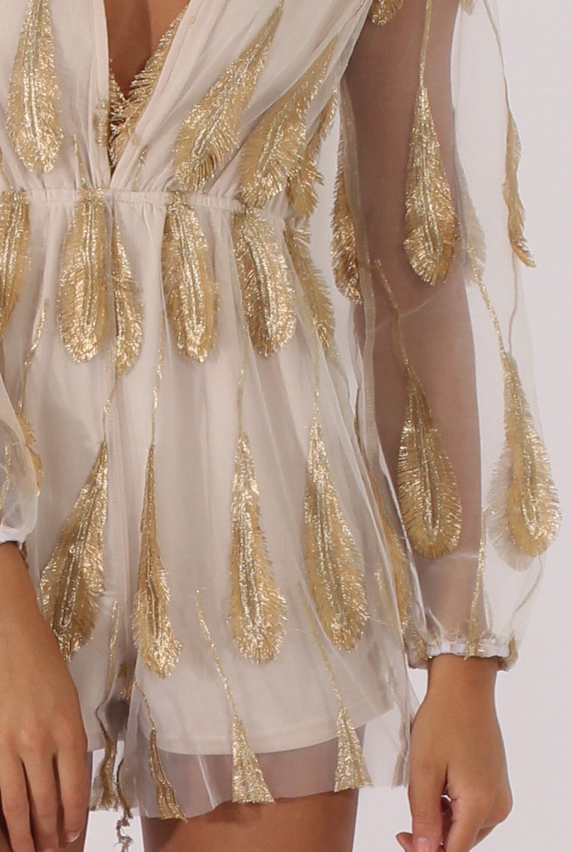 White Mesh Layer Feather Playsuit - Miranda-Playsuits