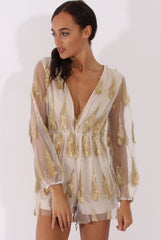 White Mesh Layer Feather Playsuit - Miranda-Playsuits