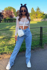 White Mesh Long Sleeve Crop Top - Aaima-Tops