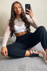 White Mesh Long Sleeve Crop Top - Aaima-Tops