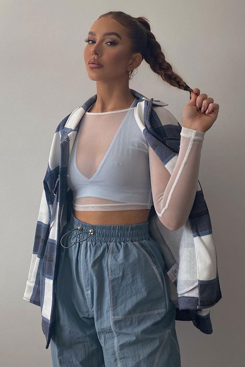 White Mesh Long Sleeve Crop Top - Aaima-Tops