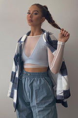 White Mesh Long Sleeve Crop Top - Aaima-Tops