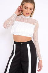 White Mesh Long Sleeve Crop Top With Sequin And Tassel Detailing - Elyssia-Crop Tops