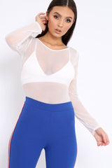 White Mesh Long Sleeved Bodysuit - Alesa-Bodysuits