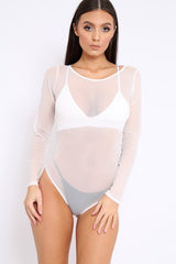 White Mesh Long Sleeved Bodysuit - Alesa-Bodysuits