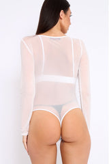 White Mesh Long Sleeved Bodysuit - Alesa-Bodysuits