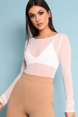 White Mesh Long Sleeved Bodysuit - Alesa-Bodysuits