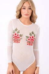 White Mesh Long Sleeved Embroidered Bodysuit - Bonnie-Bodysuits