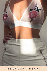 White Mesh Pink Floral Embroidered Bralet - Sianna-Bralets