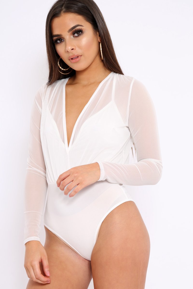 White Mesh Plunge Front Bodysuit - Eyra-Bodysuits