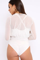 White Mesh Plunge Front Bodysuit - Eyra-Bodysuits