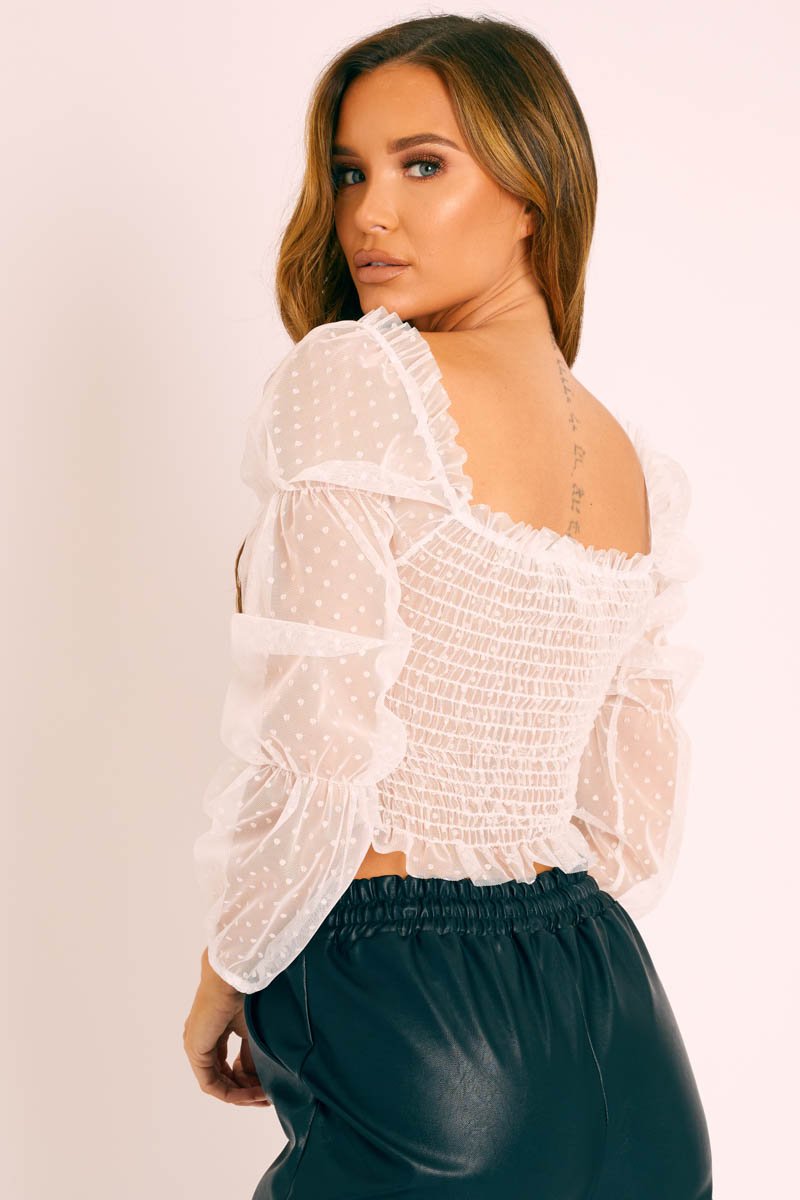 White Mesh Polka Shirred Crop Top - Soliana-Crop Tops