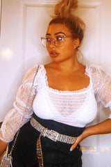 White Mesh Polka Shirred Crop Top - Soliana-Crop Tops