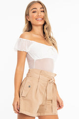 White Mesh Puff Sleeve Tie Front Bodysuit - Suki-Bodysuits