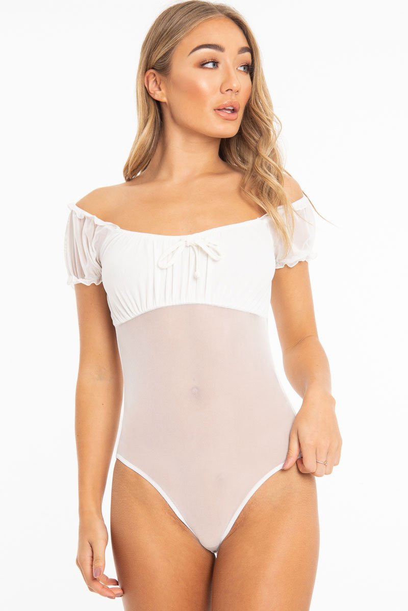 White Mesh Puff Sleeve Tie Front Bodysuit - Suki-Bodysuits