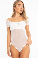 White Mesh Puff Sleeve Tie Front Bodysuit - Suki-Bodysuits