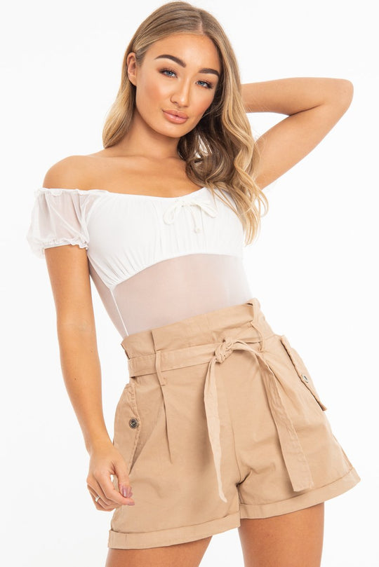 White Mesh Puff Sleeve Tie Front Bodysuit - Suki