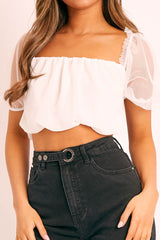 White Mesh Puffball Crop Top - Taja-Crop Tops
