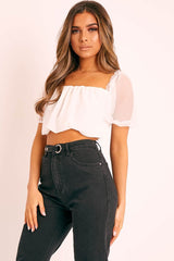 White Mesh Puffball Crop Top - Taja-Crop Tops