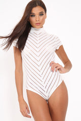 White Mesh Ribbed Short Sleeved Bodysuit - Shai-Bodysuits