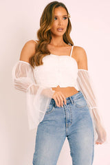 White Mesh Ruched Button Front Crop Top - Tula-Crop Tops