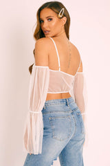 White Mesh Ruched Button Front Crop Top - Tula-Crop Tops